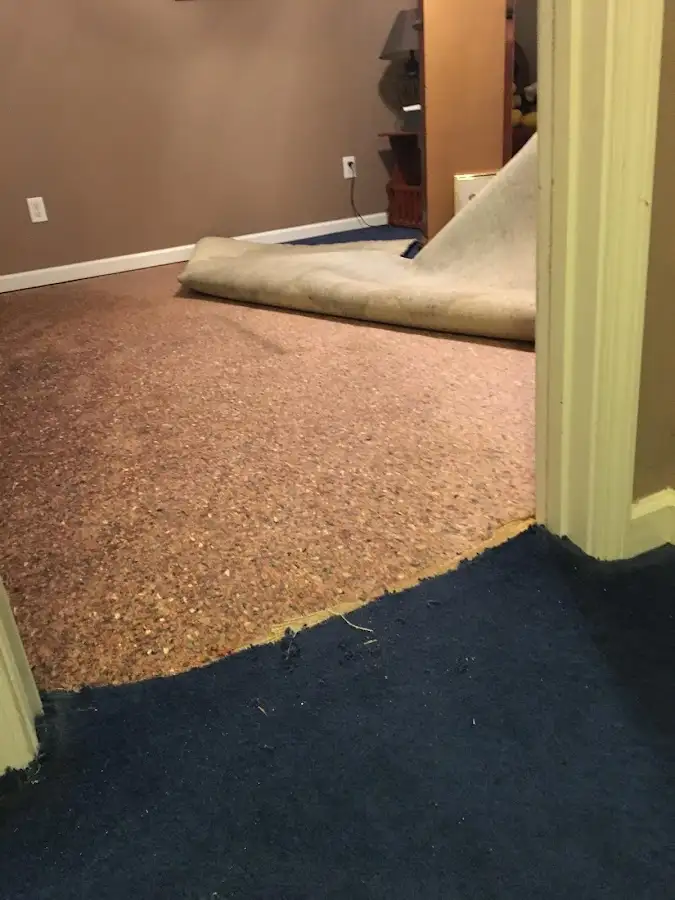 Carpet pad removal revealing water damage during Drying & Dehumidification in Morganton
